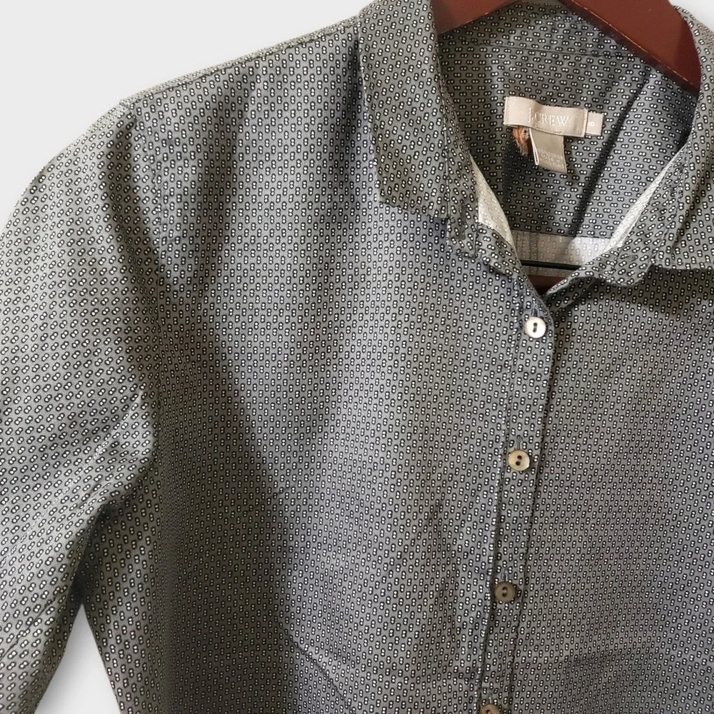 J. Crew Womens Geometric Micro-Print Short Sleeve Button Down Shirt Grey Sz 8